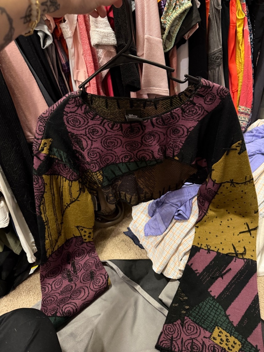 Disney Patchwork Knit Sweater in Plum, Mustard & Black